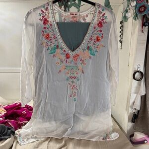 Johnny Was White Colorful Embroidery and free coordinating pants w/ pockets